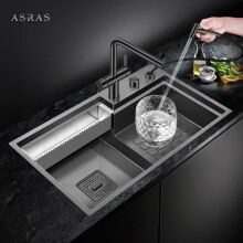 阿萨斯（ASRAS） 7947NJ 黑色纳米水槽阶梯式大单槽洗菜盆304不锈钢厨房洗碗池 搭配4052龙头 台控下水器