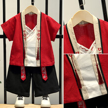 迪士尼品牌童装 汉服男童夏古装唐装中国风少爷服宝宝周岁礼服套装儿童国学演出服 红色 90