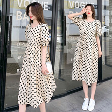 幸孕佳儿 孕妇装2021夏季新款韩版时尚气质减龄波点拼接圆领短袖过膝长裙潮妈外出宽松遮肚孕妇连衣裙 图片色 M