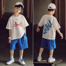 英布豆 男童套装国潮儿童套装夏装两件套薄款2021新款中大童男孩夏季帅气韩版潮流短袖T恤裤子运动服 MXT-21369#白色 130