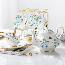 北欧清新蝴蝶蓝欧式陶瓷咖啡杯碟套装英式下午茶具陶瓷具 4杯4碟4勺1杯架1壶 无礼盒 8件