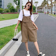 依鎏衣品孕妇装2021春夏新款纯棉孕妇背带裤韩版宽松大码阔腿孕妇吊带裤潮妈短袖T恤孕妇两件套装 卡其单件阔腿裤 XXL建议140-155斤