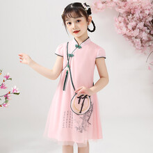 乔僖枫 女童连衣裙新款夏装儿童夏季裙子洋气女孩中国风公主汉服旗袍5-12岁 粉色+同款包包 160cm