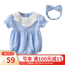 TTKA 包屁女婴儿夏装薄款新生三个月宝宝连体衣服夏季百天满月短袖洋气公主三角包屁哈衣爬服洋气 蓝色花领格子哈衣+发带 66cm