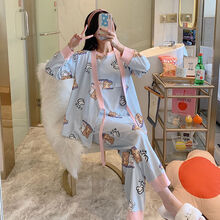 月子服春秋产后喂奶孕妇睡衣夏季薄款三件套产妇哺乳期四月份套装 771蓝小熊 XL(120斤-135斤)