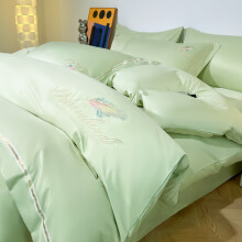 曼克顿冰丝贡缎刺绣四件套 轻奢纯色床单被套可裸睡床上用品 羽毛-浅果绿 四件套2m床适用（被套220*240）