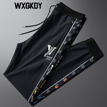 WXQKDY潮牌轻奢速干休闲裤男 夏季新品男士个性修身印花织带拉链运动长裤男潮流轻薄青年百搭束脚裤男 藏青色 29