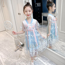 Disney/迪士尼同款女童汉服夏装2021新款中大童儿童雪纺公主裙子中国风小女孩连衣裙 蓝色 110cm