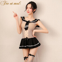 霏慕 情趣内衣女诱惑 性感镂空海军风制服角色扮演sm透视激情连身网衣百褶裙长筒丝袜套装 黑色网衣裙+T裤+长筒袜 均码