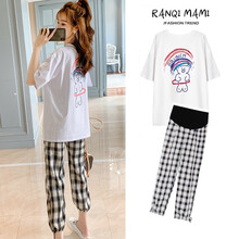 苒琦妈咪孕妇夏装套装时尚款潮妈两件套网红款宽松休闲T恤上衣格子九分裤 白色上衣+格子裤子【套装】 M
