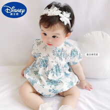 迪士尼0一1岁半女孩夏天穿的公主连体衣护肚夏装婴幼儿碎花短袖衣服夏季满月服女宝包屁新生儿衣服薄款8月 青花瓷哈衣 100cm
