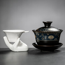 盖碗茶具特大号 三才盖碗单个茶杯特大号陶瓷白瓷功夫茶具德化白青花瓷带盖泡茶碗 古韵蓝盖碗