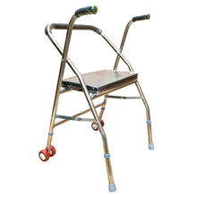 老人不锈钢助行器辅助行走轻便折叠四脚拐棍带轮带座助步器 不锈钢标准管小四轮助行器