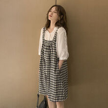 孕妇网红格子背带裤套装外出夏季外穿薄款宽松夏装短袖孕妈套装 背带裤套装 M