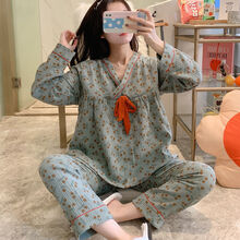 【脚中花】春夏季纱布月子服产后5月份6孕妇睡衣女哺乳春秋薄款宽松透气yt L码建议【105-125斤】 纱布-樱桃