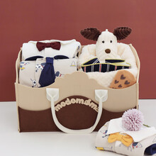 modomoma新生儿用品婴儿礼盒秋绅士男宝长袖灰底狗狗印花连体爬服满月礼 灰底狗狗手提包【红领结绅士】长爬 80