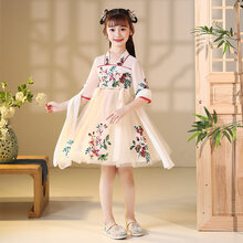 乖奇奇中国风女童汉服夏季超仙儿童古风唐装襦裙女孩宝宝古装连衣裙薄款 香槟色 150