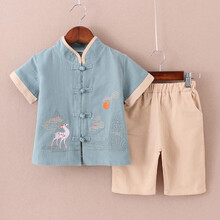 汉服童装夏季复古装薄款两件套男童中国风小童棉麻儿童唐装夏套装 墨绿色 120