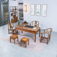 寻古红木家具非洲鸡翅木（学名：非洲崖豆木）全实木茶桌椅组合新中式办公室喝茶台茶艺桌泡茶桌 六件套：108茶桌+圈椅*3+雕花方凳*2