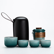 心茧快客杯旅行玻璃茶具套装户外便携式包一壶两杯男女居家办公耐热玻璃茶杯泡茶壶 渐变绿一壶四杯