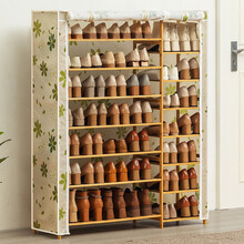 简易带布套多功能小鞋架客厅玄关柜子多层实木质带门鞋柜简约家用换鞋凳防尘鞋架子多容量鞋凳置物架 【加高款】八层100长-田园碎花