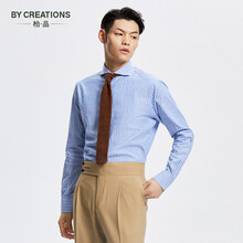 By Creations柏品男士商务休闲棉麻混纺条纹衬衫长袖衬衣男小众狐开领 蓝白条纹 38