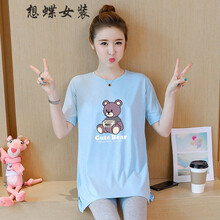 想蝶 孕妇装夏装短袖大码连衣裙时尚潮妈夏天中长款上衣宽松T恤衫套装lxj 816#蓝色可爱熊【单上衣】 XL