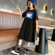 卡恋洛女大童连衣裙长款小女孩裙子夏天2021新款中大童学院风网红洋气童装夏季儿童公主裙子 黑色 160