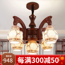 木头记   新中式客厅陶瓷吊灯中式灯具云石仿古简约中国风餐厅卧室大厅创意灯 3386-4+1头彩花吊灯