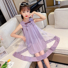 女童连衣裙夏季韩版2021新款洋气仙女小女孩娃娃领无袖蓬蓬网纱公主裙子童装 紫罗兰 120cm