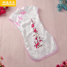 女童旗袍 夏天儿童唐装幼儿园宝宝演出礼服儿童中式生日喜庆服 白色 提花棉桃花 80