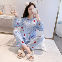 【特价捡漏】绵绸睡衣棉长袖超薄款女装棉绸夏季套装家居服春夏天月子服 湖蓝色 8224蓝色草莓 XL(115-130斤)