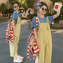 欣柏纶 孕妇装套装夏季夏款孕妇套装孕妇两件套外出外穿宽松大码孕妈装 蓝色上衣+卡其背带裤 XL