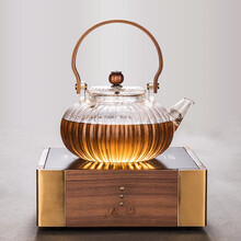 容山堂木把玻璃煮茶器电陶炉加厚耐热烧水壶家用泡茶壶功夫茶具 菊瓣提梁壶+黄铜色镶嵌黑胡桃木炉