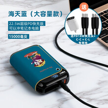 尼基充电宝自带线大容量15000毫安多功能屏显双快速充电宝移动电源type-c苹果安卓笔记本电脑充电 海天蓝猫咪图案快充套装
