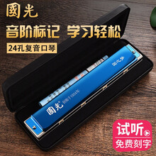 上海国光口琴24孔复音C调初学者学生儿童成人24孔重音男士专业演奏级乐器 【演奏级】24孔复音亮光蓝+【学习资料+视频教学】