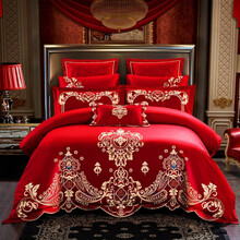 辰枫家纺 60s支全棉贡缎刺绣大红色婚庆四件套新婚结婚床上用品多件套 皇家情缘 1.5米/四件套床单