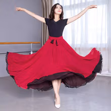宝乔旭双面穿双层雪纺大摆裙舞蹈裙高腰度半身裙米新疆舞长裙雪纺 酒 红黑 裙长85厘米 身高155-160