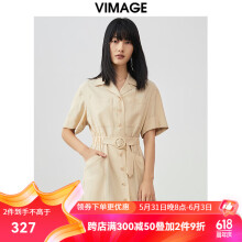 纬漫纪（VIMAGE）春季新款商场同款工装风短袖连衣裙复古百搭气质收腰裙子V1707312 卡其色87 1/S