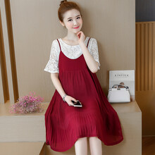孕妇装夏装新款两件套短袖宽松中长款雪纺裙子孕妇连衣裙夏季 蕾丝衫+酒红色吊带裙 L