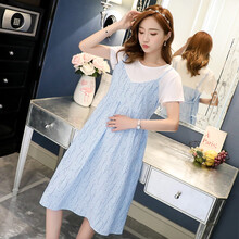 孕妇装夏装连衣裙夏季假两件上衣夏天裙子中长款孕妇裙哺乳衣 浅蓝色 L