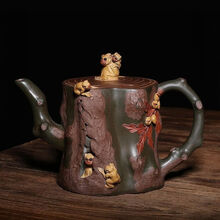 中国古美術・宜興原鉱紫泥 樹桩急須・紫砂壺・底款:蒋蓉・朱泥・急須・茶壺・茶道具 中国古美術・宜興原鉱紫泥 樹桩急須・紫砂壺・底款:蒋