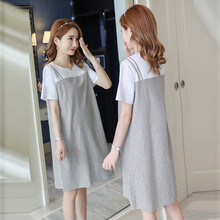 孕妇夏装夏天上衣新款时尚款孕妇裙子夏假两件套装孕妇连衣裙 灰色条纹 XXL