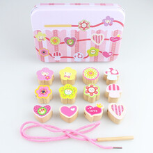 儿童玩具 木质串珠 宝宝穿珠子穿线穿绳 婴儿早教木制玩具 12粒铁盒装串珠-漂亮花园