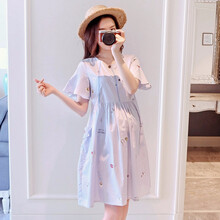 孕妇装夏装2019新款喇叭袖孕妇连衣裙中长款时尚潮妈孕妇裙子夏季 蓝色 XL