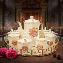 美瓷工坊 欧式咖啡具套装 宫廷陶瓷茶具 大容量水具杯具凉水壶套装 下午茶咖啡杯茶杯 巴黎春天2100 中号壶+糖罐+奶壶+6小号杯勺+大号合金圆形托盘