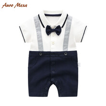 Auro Mesa 婴儿衣服夏季男童哈衣连体衣纯棉短袖宝宝外出服假背带新生儿绅士百日周岁生日礼服 领结黑白色 80cm/9-12M