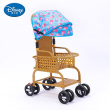 迪士尼溜遛娃神器婴儿推车夏季竹藤编宝宝仿藤椅双向超轻便竹编可坐躺小儿童手推车 双层编制+蓝色棚 可坐可躺