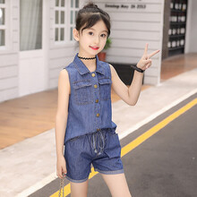 云思舞夕女童套装 夏季新款童装两件套韩版时尚中大童休闲牛仔背心短裤套装 牛仔色 110码建议100厘米左右身高