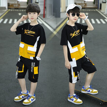 背包虎童装男童夏装6套装网红洋气中大童运动套装7儿童装时髦短袖t恤+中裤两件套9-15岁男孩帅气潮装 黑色 160码建议身高150cm左右